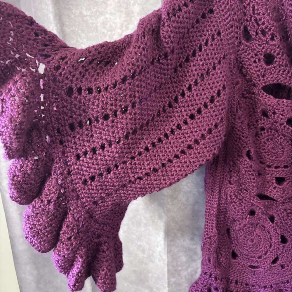100% Handmade Large Purple Willow Granny Square Cardigan Ruffle Bell‎ Sleeves - Picture 3 of 12